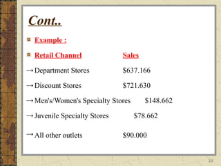 24
Cont..
Example :
Retail Channel Sales
→Department Stores $637.166
→Discount Stores $721.630
→Men's/Women's Specialty Stores $148.662
→Juvenile Specialty Stores $78.662
→All other outlets $90.000
 