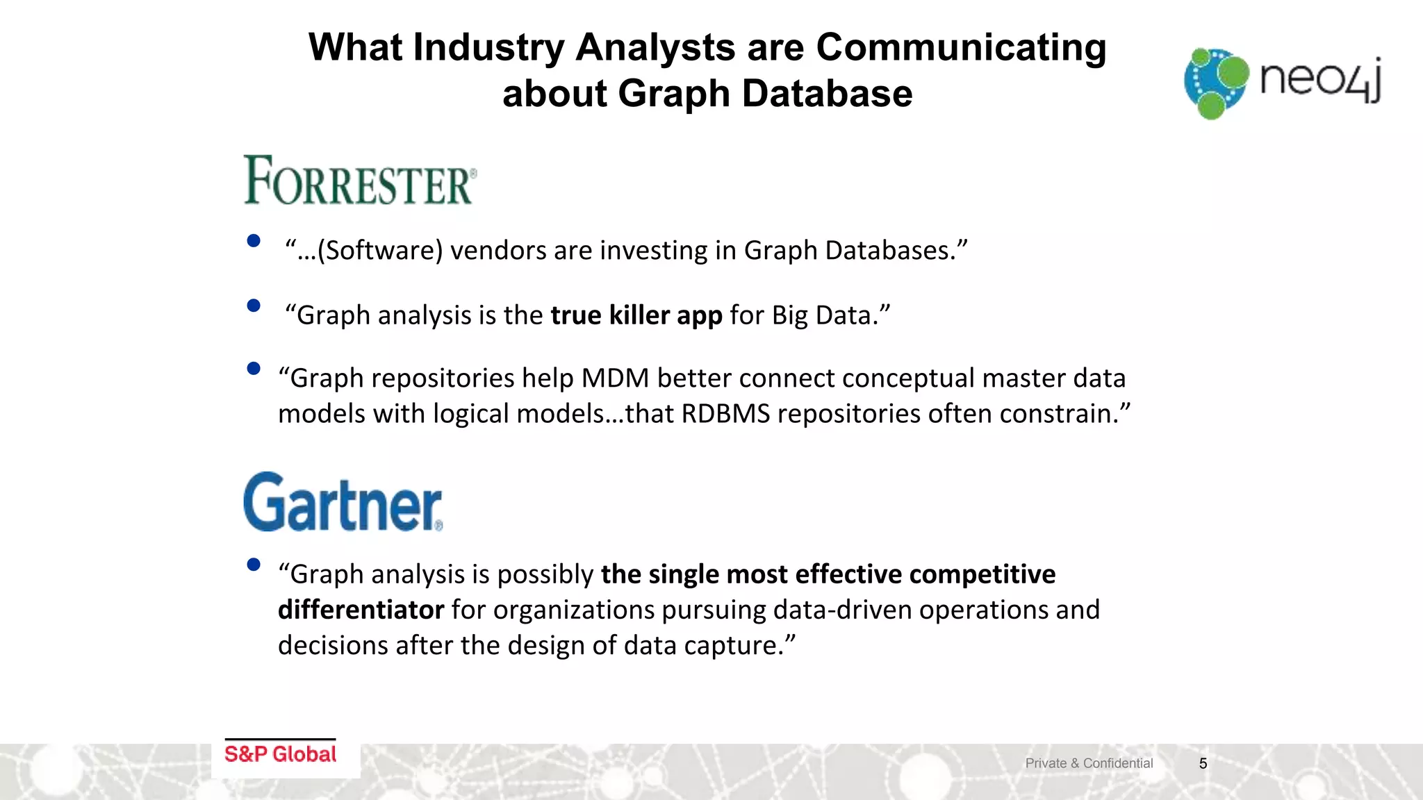 What Industry Analysts are Communicating
about Graph Database
• “Graph analysis is possibly the single most effective competitive
differentiator for organizations pursuing data-driven operations and
decisions after the design of data capture.”
• “Graph analysis is the true killer app for Big Data.”
• “…(Software) vendors are investing in Graph Databases.”
• “Graph repositories help MDM better connect conceptual master data
models with logical models…that RDBMS repositories often constrain.”
Private & Confidential 5
 