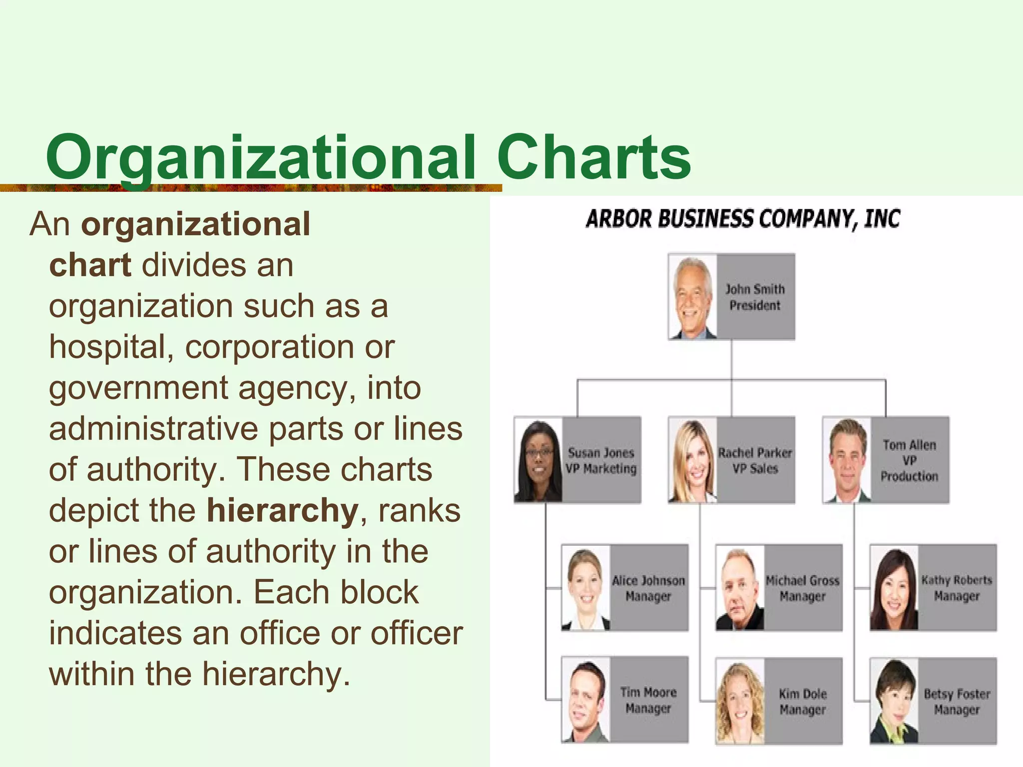 16
Organizational Charts
An organizational
chart divides an
organization such as a
hospital, corporation or
government agency, into
administrative parts or lines
of authority. These charts
depict the hierarchy, ranks
or lines of authority in the
organization. Each block
indicates an office or officer
within the hierarchy.
 