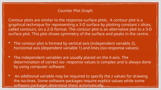 Counter Plot Graph
Contour plots are similar to the response surface plots. A contour plot is a
graphical technique for representing a 3-D surface by plotting constant z slices,
called contours, on a 2-D format. The contour plot is an alternative plot to a 3-D
surface plot. This plot shows symmetry of the surface and peaks in the centre.
• The contour plot is formed by vertical axis (independent variable 2),
horizontal axis (dependent variable 1) and lines (iso-response values).
• The independent variables are usually placed on the X-axis. The
determination of correct iso- response values is complex and is always done
by using computer software.
• An additional variable may be required to specify the z values for drawing
the iso-lines. Some software packages require explicit values while some
software packages determine them automatically.
 