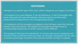 HISTOGRAM
Histogram is a specific type of bar chart, where categories are ranges of numbers.
• A histogram is an area diagram. It can be defined as, "a set of rectangles with
bases along with the intervals between class boundaries and with areas
proportional to frequencies in the corresponding classes".
• In histogram, all the rectangles are adjacent since the base covers the intervals
between class boundaries. The heights of rectangles are proportional to
corresponding frequencies of similar classes and for different
The histogram illustrates the distribution of numeric data across categories and
therefore show combined continuous data. For example, histograms can be used
to present percentage of patients who received number of drugs in hospital.
 