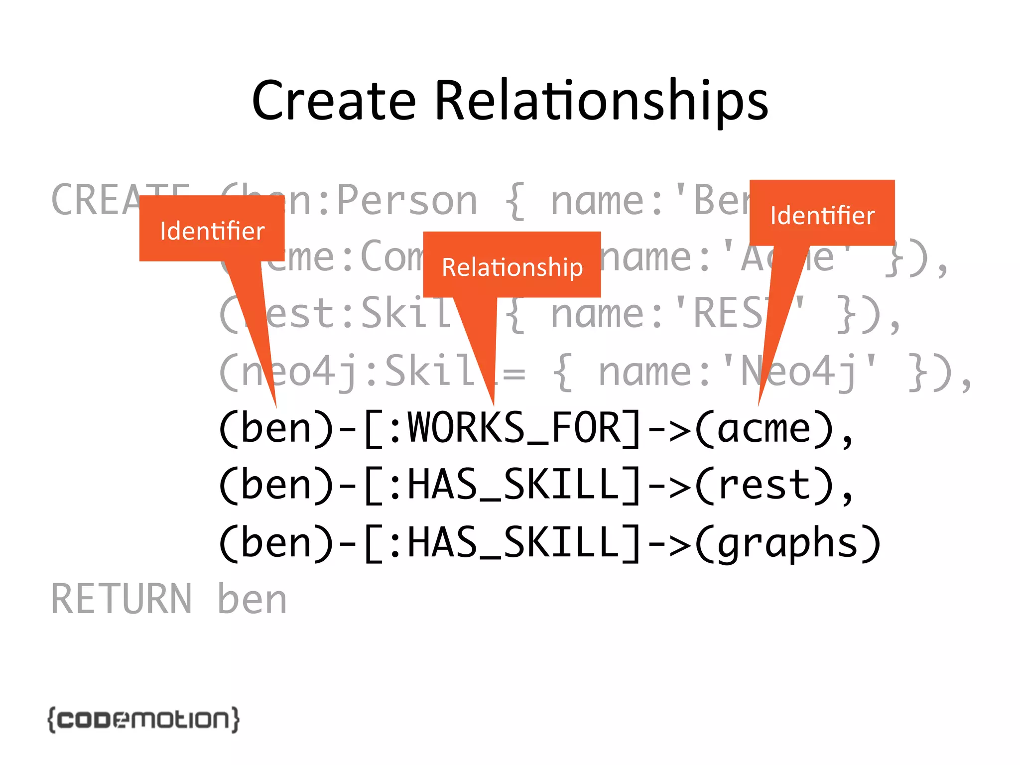 Create	
  Rela]onships	
  
CREATE (ben:Person { name:'Ben' }),	
Iden]ﬁer	
  
Iden]ﬁer	
  
(acme:Company { name:'Acme' }),	
Rela]onship	
  
(rest:Skill { name:'REST' }),	
(neo4j:Skill= { name:'Neo4j' }),	
(ben)-[:WORKS_FOR]->(acme),	
(ben)-[:HAS_SKILL]->(rest),	
(ben)-[:HAS_SKILL]->(graphs)	
RETURN ben	

 
