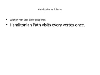 Hamiltonian vs Eulerian
• Eulerian Path uses every edge once.
• Hamiltonian Path visits every vertex once.
 
