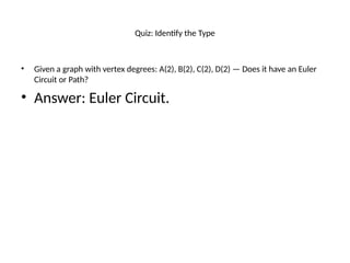 Quiz: Identify the Type
• Given a graph with vertex degrees: A(2), B(2), C(2), D(2) — Does it have an Euler
Circuit or Path?
• Answer: Euler Circuit.
 