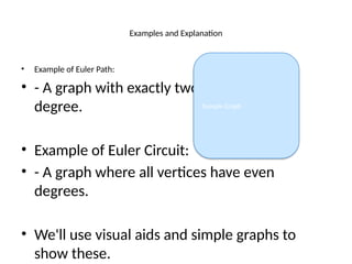Examples and Explanation
• Example of Euler Path:
• - A graph with exactly two vertices of odd
degree.
• Example of Euler Circuit:
• - A graph where all vertices have even
degrees.
• We'll use visual aids and simple graphs to
show these.
Sample Graph
 