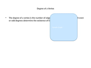 Degree of a Vertex
• The degree of a vertex is the number of edges connected to it. Vertices with even
or odd degrees determine the existence of Euler paths and circuits.
Sample Graph
 