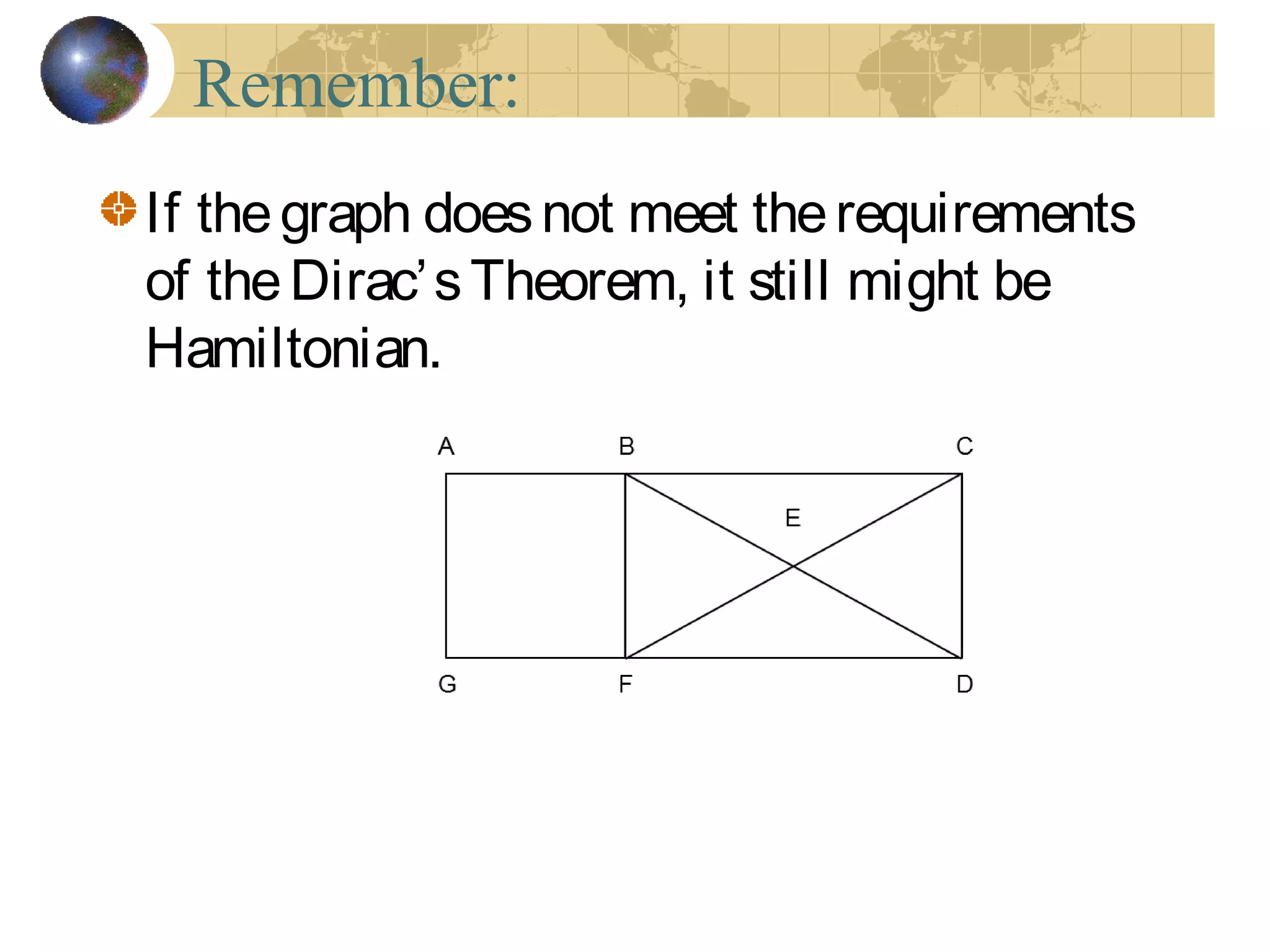 Remember:
If thegraph doesnot meet therequirements
of theDirac’sTheorem, it still might be
Hamiltonian.
 