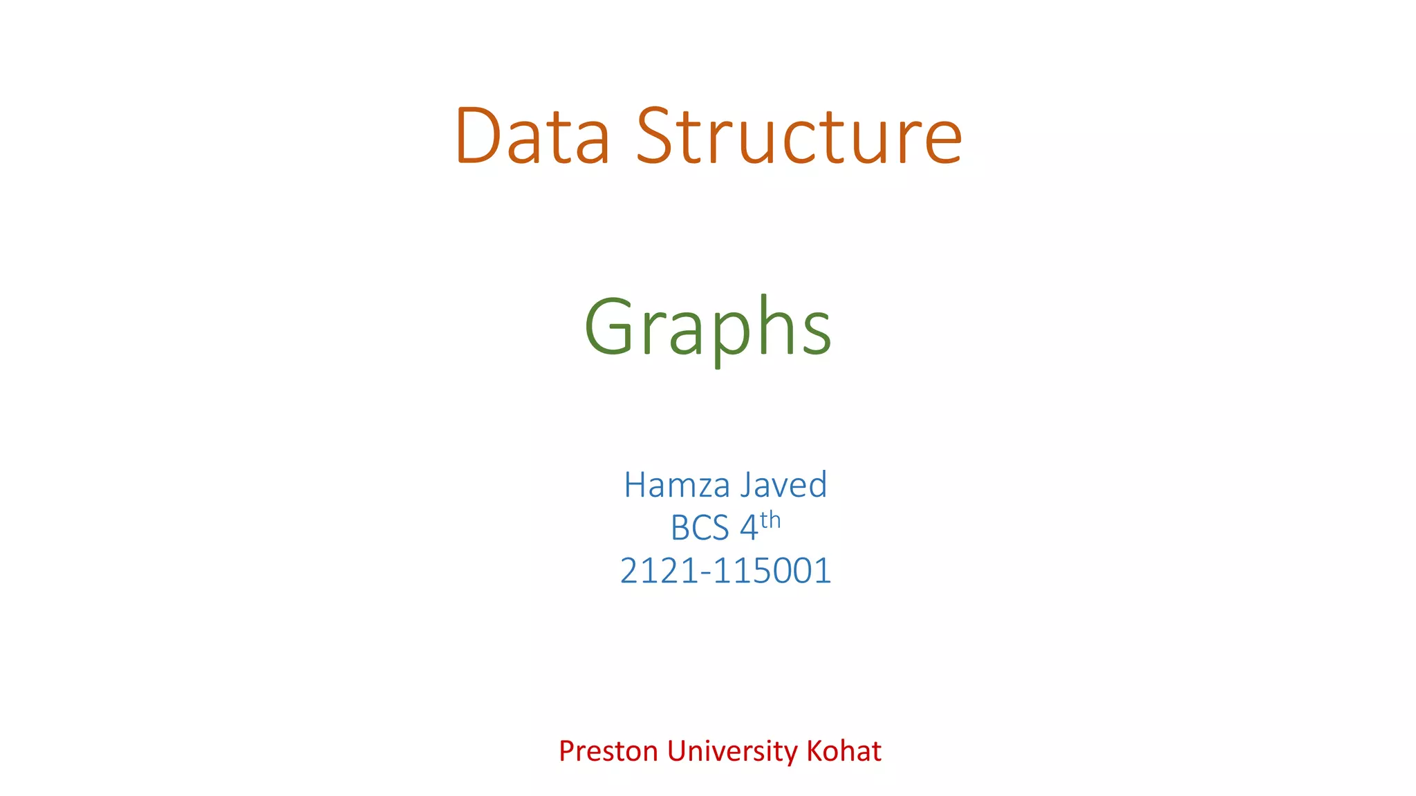 Data Structure
Graphs
Preston University Kohat
Hamza Javed
BCS 4th
2121-115001
 