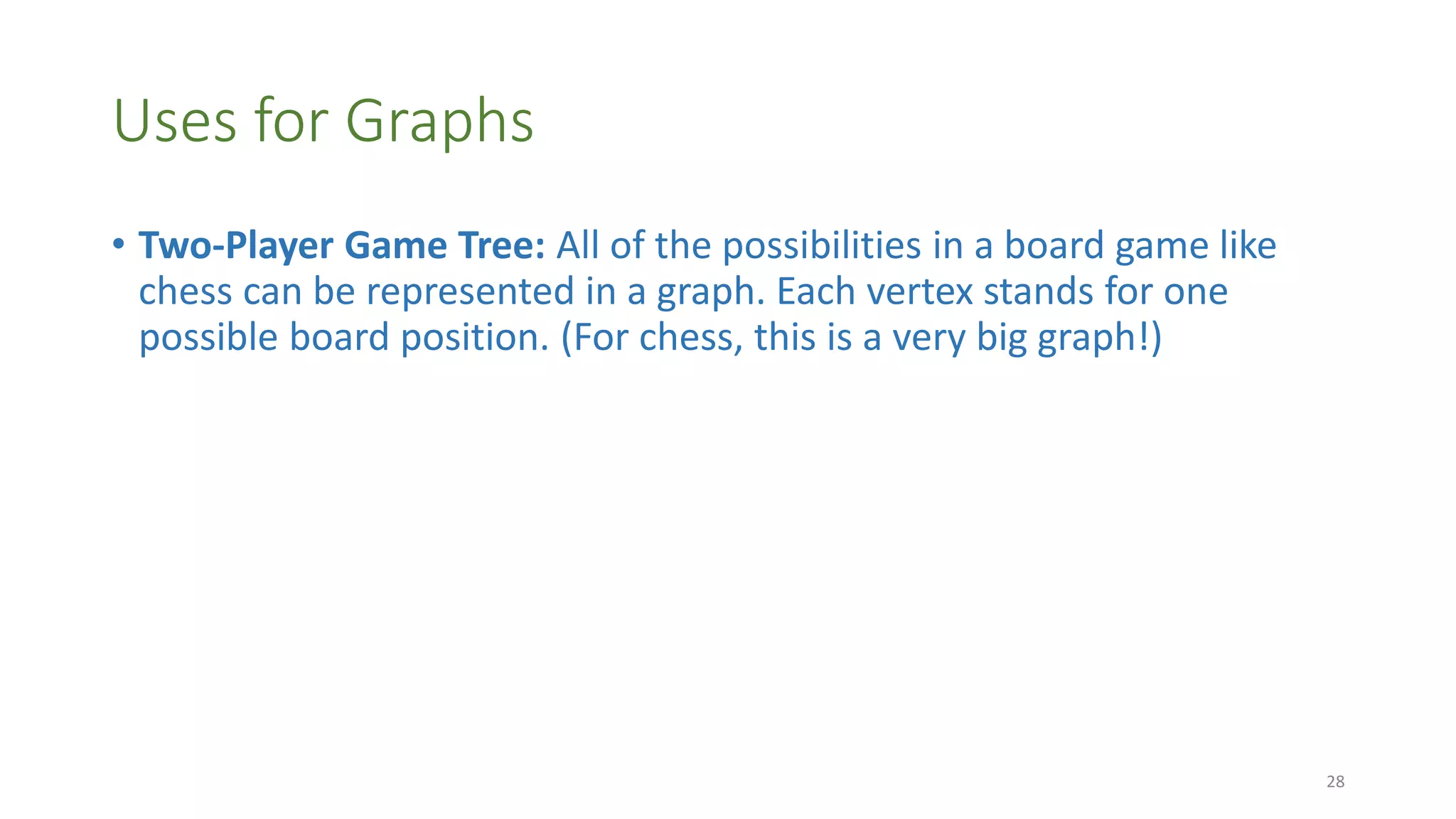 Uses for Graphs
• Two-Player Game Tree: All of the possibilities in a board game like
chess can be represented in a graph. Each vertex stands for one
possible board position. (For chess, this is a very big graph!)
28
 