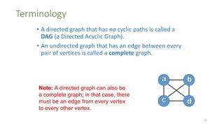 Terminology
• A directed graph that has no cyclic paths is called a
DAG (a Directed Acyclic Graph).
• An undirected graph that has an edge between every
pair of vertices is called a complete graph.
Note: A directed graph can also be
a complete graph; in that case, there
must be an edge from every vertex
to every other vertex.
13
 
