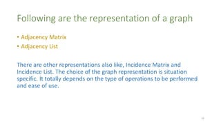 Following are the representation of a graph
• Adjacency Matrix
• Adjacency List
There are other representations also like, Incidence Matrix and
Incidence List. The choice of the graph representation is situation
specific. It totally depends on the type of operations to be performed
and ease of use.
19
 