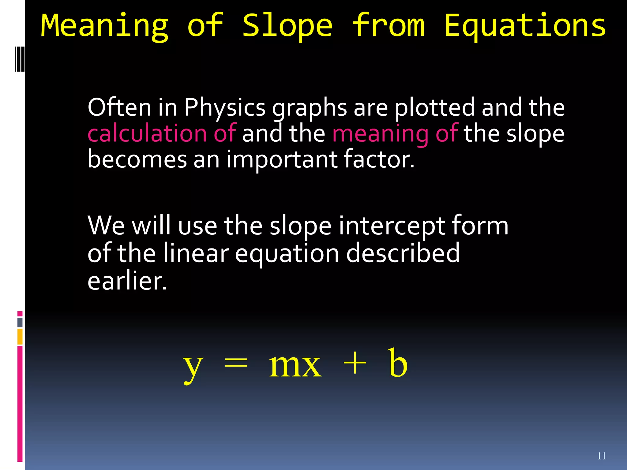 Meaning of Slope from Equations

  Often in Physics graphs are plotted and the
  calculation of and the meaning of the slope
  becomes an important factor.

  We will use the slope intercept form
  of the linear equation described
  earlier.


          y = mx + b
                                                11
 