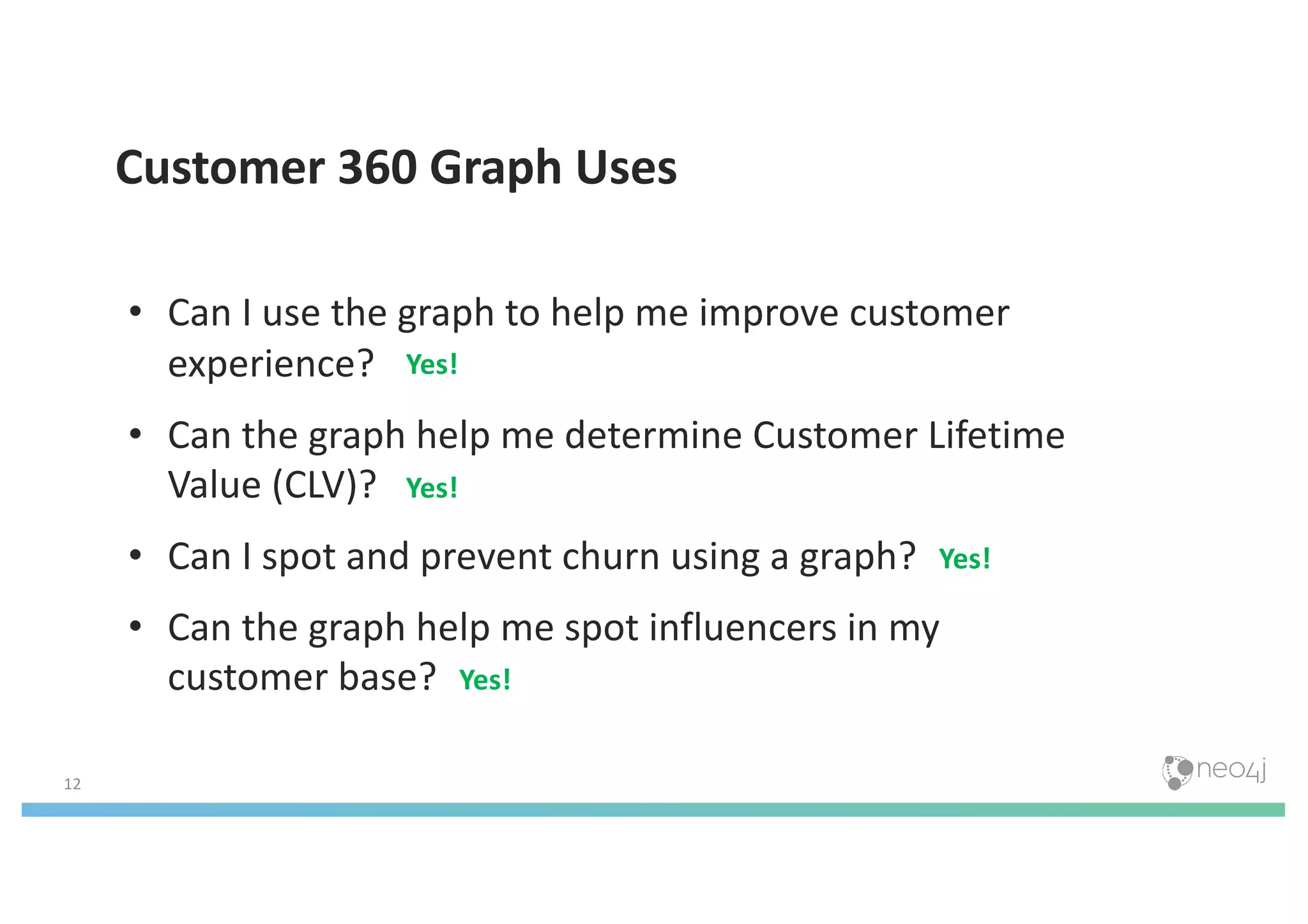 12
Customer 360 Graph Uses
• Can I use the graph to help me improve customer
experience?
• Can the graph help me determine Customer Lifetime
Value (CLV)?
• Can I spot and prevent churn using a graph?
• Can the graph help me spot influencers in my
customer base?
Yes!
Yes!
Yes!
Yes!
 