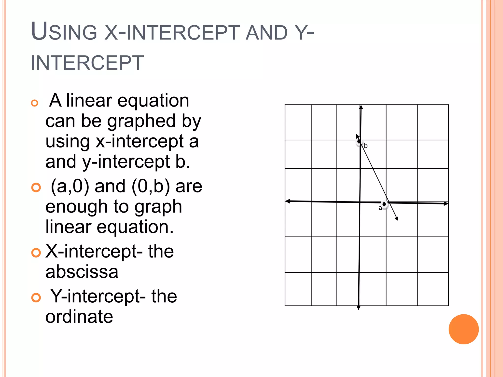 USING X-INTERCEPT AND Y-
INTERCEPT
A linear equation
can be graphed by
using x-intercept a
and y-intercept b.
(a,0) and (0,b) are
enough to graph
linear equation.
X-intercept- the
abscissa
Y-intercept- the
ordinate
b
a