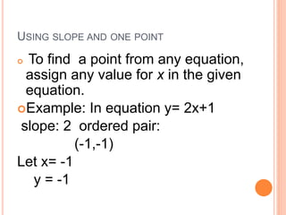 USING SLOPE AND ONE POINT
 To find a point from any equation,
assign any value for x in the given
equation.
Example: In equation y= 2x+1
slope: 2 ordered pair:
(-1,-1)
Let x= -1
y = -1
 