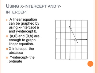 USING X-INTERCEPT AND Y-
INTERCEPT
 A linear equation
can be graphed by
using x-intercept a
and y-intercept b.
 (a,0) and (0,b) are
enough to graph
linear equation.
 X-intercept- the
abscissa
 Y-intercept- the
ordinate
b
a
 