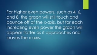 For higher even powers, such as 4, 6,
and 8, the graph will still touch and
bounce off of the x-axis, but for each
increasing even power the graph will
appear flatter as it approaches and
leaves the x-axis.
 
