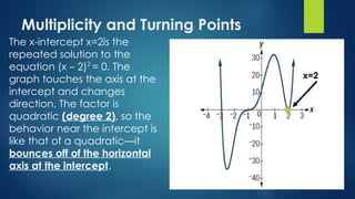 Multiplicity and Turning Points
The x-intercept x=2is the
repeated solution to the
equation (x – 2)2
= 0. The
graph touches the axis at the
intercept and changes
direction. The factor is
quadratic (degree 2), so the
behavior near the intercept is
like that of a quadratic—it
bounces off of the horizontal
axis at the intercept.
x=2
 