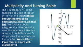 Multiplicity and Turning Points
The x-intercept x =-1 is the
repeated solution of factor
(x+1)3
= 0. The graph passes
through the axis at the
intercept but flattens out a bit
first. This factor is cubic
(degree 3), so the behavior
near the intercept is like that
of a cubic with the same S-
shape near the intercept as
the function We call this a
triple zero, or a zero with
multiplicity 3.
x=-1
 