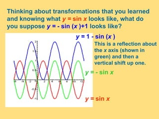 Thinking about transformations that you learned
and knowing what y = sin x looks like, what do
you suppose y = - sin (x )+1 looks like?
This is a reflection about
the x axis (shown in
green) and then a
vertical shift up one.
y = sin x
y = - sin x
y = 1 - sin (x )
 