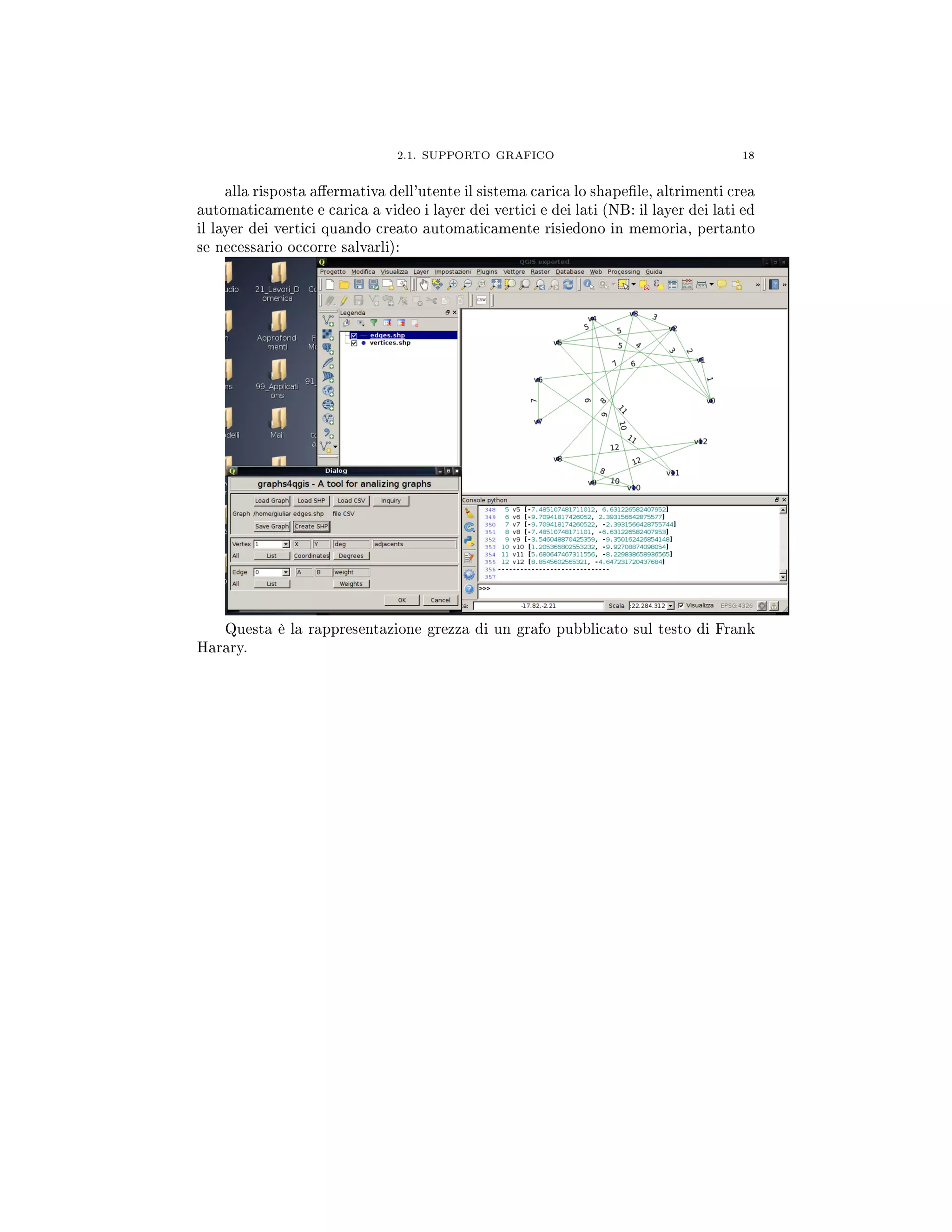 2.1. SUPPORTO GRAFICO 18
alla risposta aermativa dell'utente il sistema carica lo shapele, altrimenti crea
automaticamente e carica a video i layer dei vertici e dei lati (NB: il layer dei lati ed
il layer dei vertici quando creato automaticamente risiedono in memoria, pertanto
se necessario occorre salvarli):
Questa è la rappresentazione grezza di un grafo pubblicato sul testo di Frank
Harary.
 