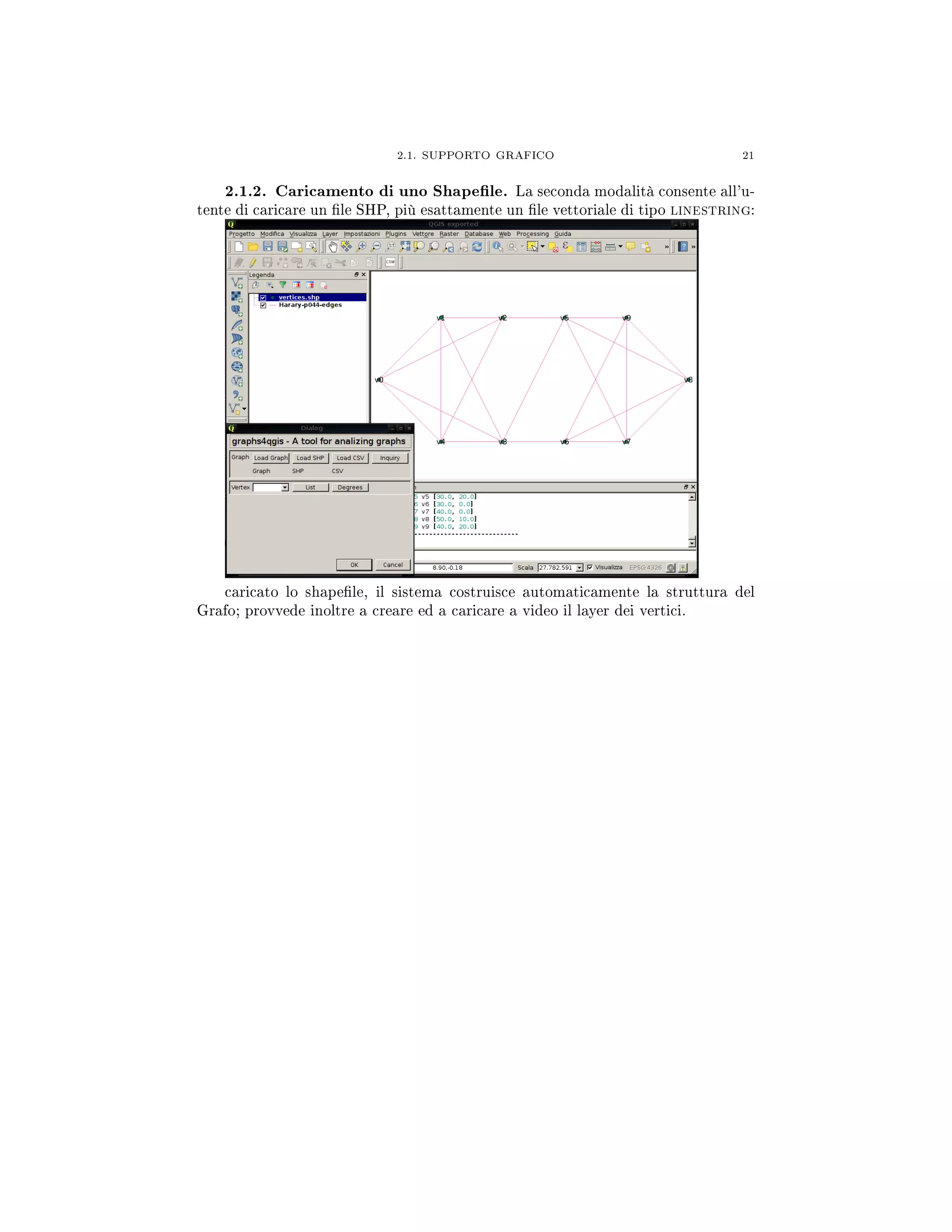 2.1. SUPPORTO GRAFICO 21
2.1.2. Caricamento di uno Shapele. La seconda modalità consente all'u-
tente di caricare un le SHP, più esattamente un le vettoriale di tipo linestring:
caricato lo shapele, il sistema costruisce automaticamente la struttura del
Grafo; provvede inoltre a creare ed a caricare a video il layer dei vertici.
 