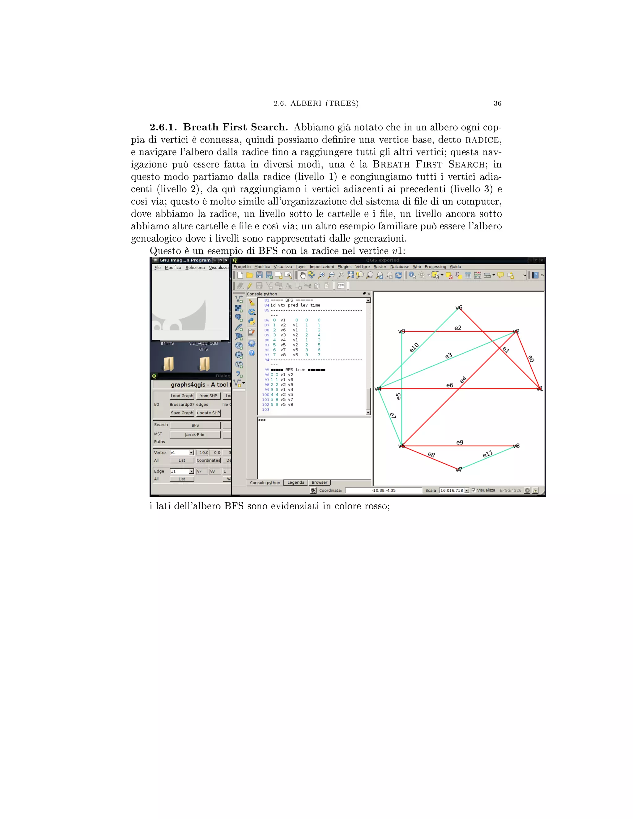 2.6. ALBERI (TREES) 36
2.6.1. Breath First Search. Abbiamo già notato che in un albero ogni cop-
pia di vertici è connessa, quindi possiamo denire una vertice base, detto radice,
e navigare l'albero dalla radice no a raggiungere tutti gli altri vertici; questa nav-
igazione può essere fatta in diversi modi, una è la Breath First Search; in
questo modo partiamo dalla radice (livello 1) e congiungiamo tutti i vertici adia-
centi (livello 2), da quì raggiungiamo i vertici adiacenti ai precedenti (livello 3) e
cosi via; questo è molto simile all'organizzazione del sistema di le di un computer,
dove abbiamo la radice, un livello sotto le cartelle e i le, un livello ancora sotto
abbiamo altre cartelle e le e così via; un altro esempio familiare può essere l'albero
genealogico dove i livelli sono rappresentati dalle generazioni.
Questo è un esempio di BFS con la radice nel vertice v1:
i lati dell'albero BFS sono evidenziati in colore rosso;
 