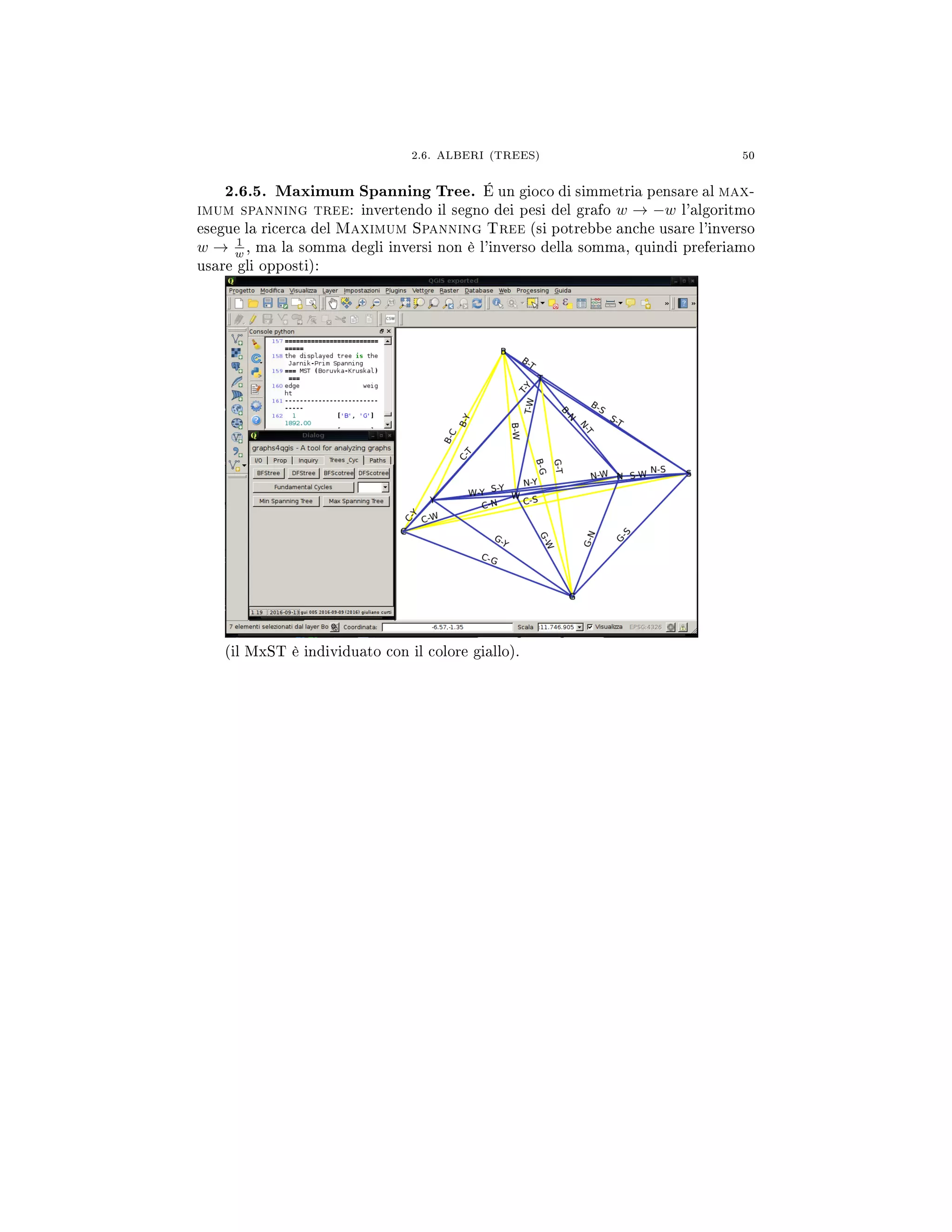 2.6. ALBERI (TREES) 50
2.6.5. Maximum Spanning Tree. É un gioco di simmetria pensare al max-
imum spanning tree: invertendo il segno dei pesi del grafo w → −w l'algoritmo
esegue la ricerca del Maximum Spanning Tree (si potrebbe anche usare l'inverso
w → 1
w , ma la somma degli inversi non è l'inverso della somma, quindi preferiamo
usare gli opposti):
(il MxST è individuato con il colore giallo).
 
