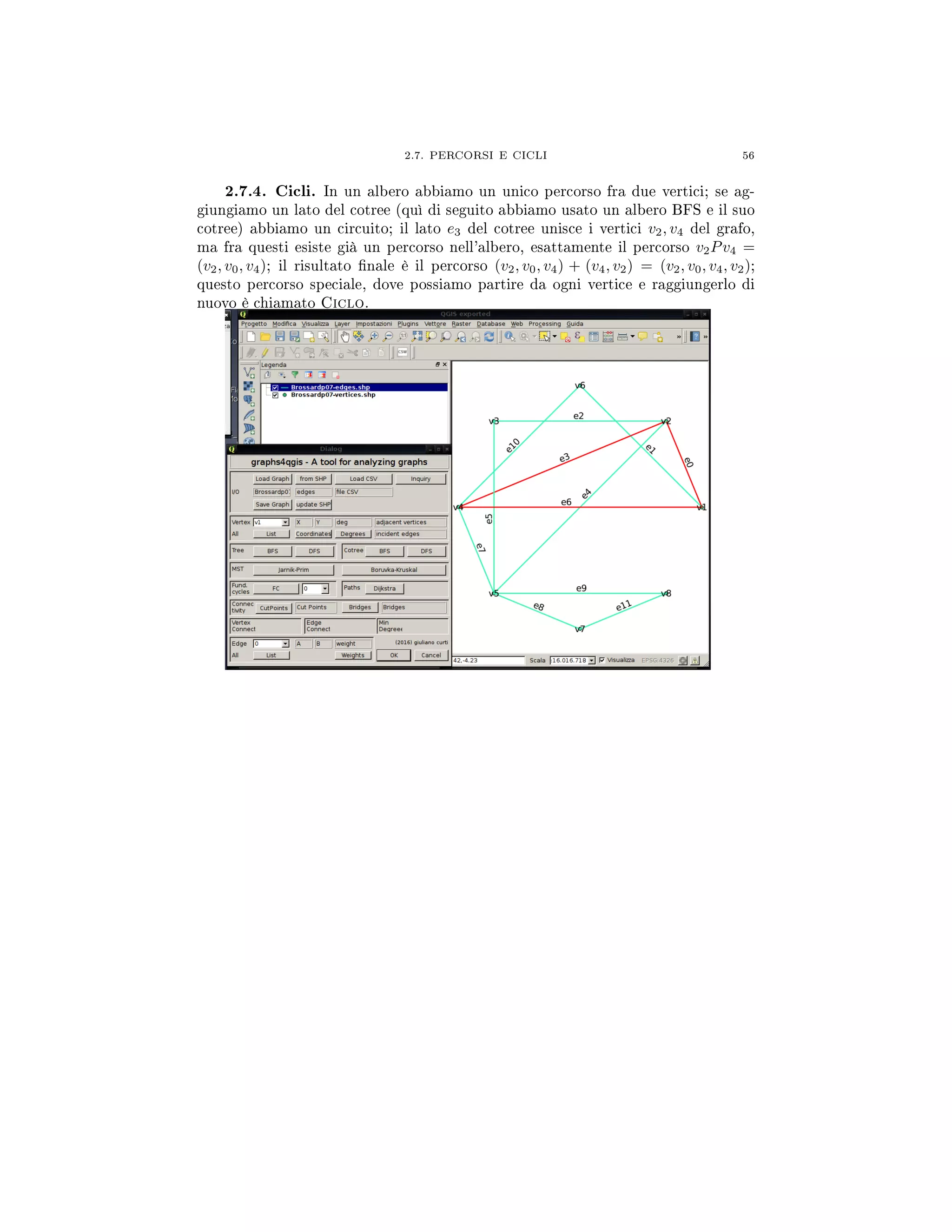 2.7. PERCORSI E CICLI 56
2.7.4. Cicli. In un albero abbiamo un unico percorso fra due vertici; se ag-
giungiamo un lato del cotree (quì di seguito abbiamo usato un albero BFS e il suo
cotree) abbiamo un circuito; il lato e3 del cotree unisce i vertici v2, v4 del grafo,
ma fra questi esiste già un percorso nell'albero, esattamente il percorso v2Pv4 =
(v2, v0, v4); il risultato nale è il percorso (v2, v0, v4) + (v4, v2) = (v2, v0, v4, v2);
questo percorso speciale, dove possiamo partire da ogni vertice e raggiungerlo di
nuovo è chiamato Ciclo.
 