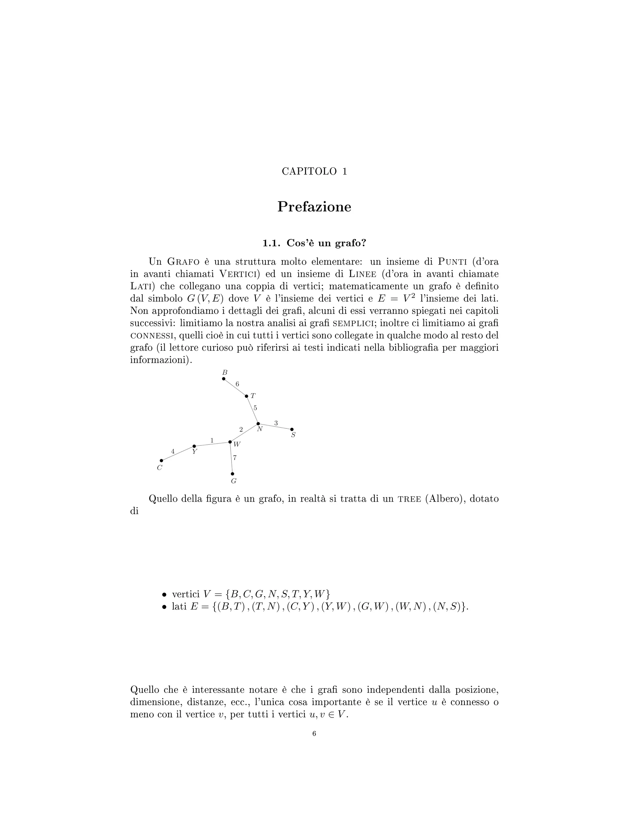 CAPITOLO 1
Prefazione
1.1. Cos'è un grafo?
Un Grafo è una struttura molto elementare: un insieme di Punti (d'ora
in avanti chiamati Vertici) ed un insieme di Linee (d'ora in avanti chiamate
Lati) che collegano una coppia di vertici; matematicamente un grafo è denito
dal simbolo G (V, E) dove V è l'insieme dei vertici e E = V 2
l'insieme dei lati.
Non approfondiamo i dettagli dei gra, alcuni di essi verranno spiegati nei capitoli
successivi: limitiamo la nostra analisi ai gra semplici; inoltre ci limitiamo ai gra
connessi, quelli cioè in cui tutti i vertici sono collegate in qualche modo al resto del
grafo (il lettore curioso può riferirsi ai testi indicati nella bibliograa per maggiori
informazioni).
Quello della gura è un grafo, in realtà si tratta di un tree (Albero), dotato
di
• vertici V = {B, C, G, N, S, T, Y, W}
• lati E = {(B, T) , (T, N) , (C, Y ) , (Y, W) , (G, W) , (W, N) , (N, S)}.
Quello che è interessante notare è che i gra sono independenti dalla posizione,
dimensione, distanze, ecc., l'unica cosa importante è se il vertice u è connesso o
meno con il vertice v, per tutti i vertici u, v ∈ V .
6
 