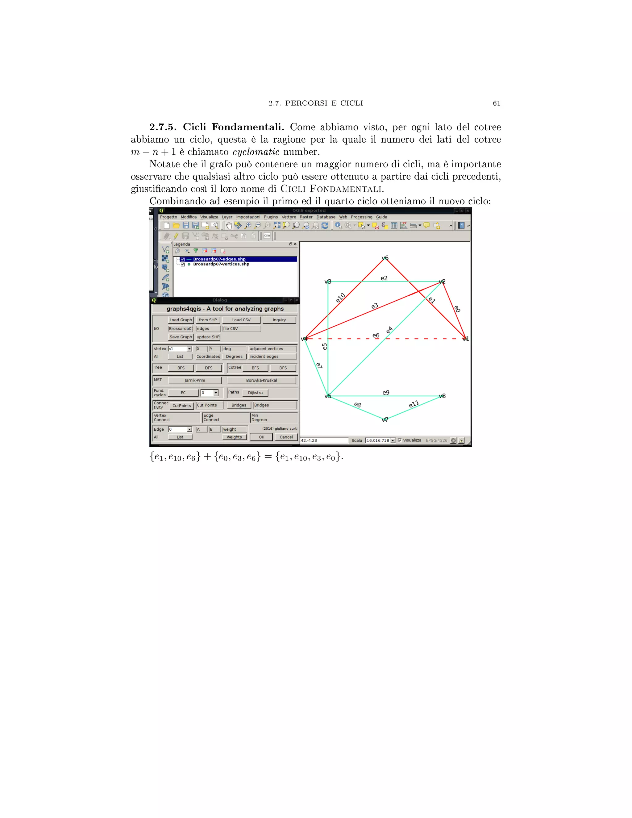 2.7. PERCORSI E CICLI 61
2.7.5. Cicli Fondamentali. Come abbiamo visto, per ogni lato del cotree
abbiamo un ciclo, questa è la ragione per la quale il numero dei lati del cotree
m − n + 1 è chiamato cyclomatic number.
Notate che il grafo può contenere un maggior numero di cicli, ma è importante
osservare che qualsiasi altro ciclo può essere ottenuto a partire dai cicli precedenti,
giusticando così il loro nome di Cicli Fondamentali.
Combinando ad esempio il primo ed il quarto ciclo otteniamo il nuovo ciclo:
{e1, e10, e6} + {e0, e3, e6} = {e1, e10, e3, e0}.
 