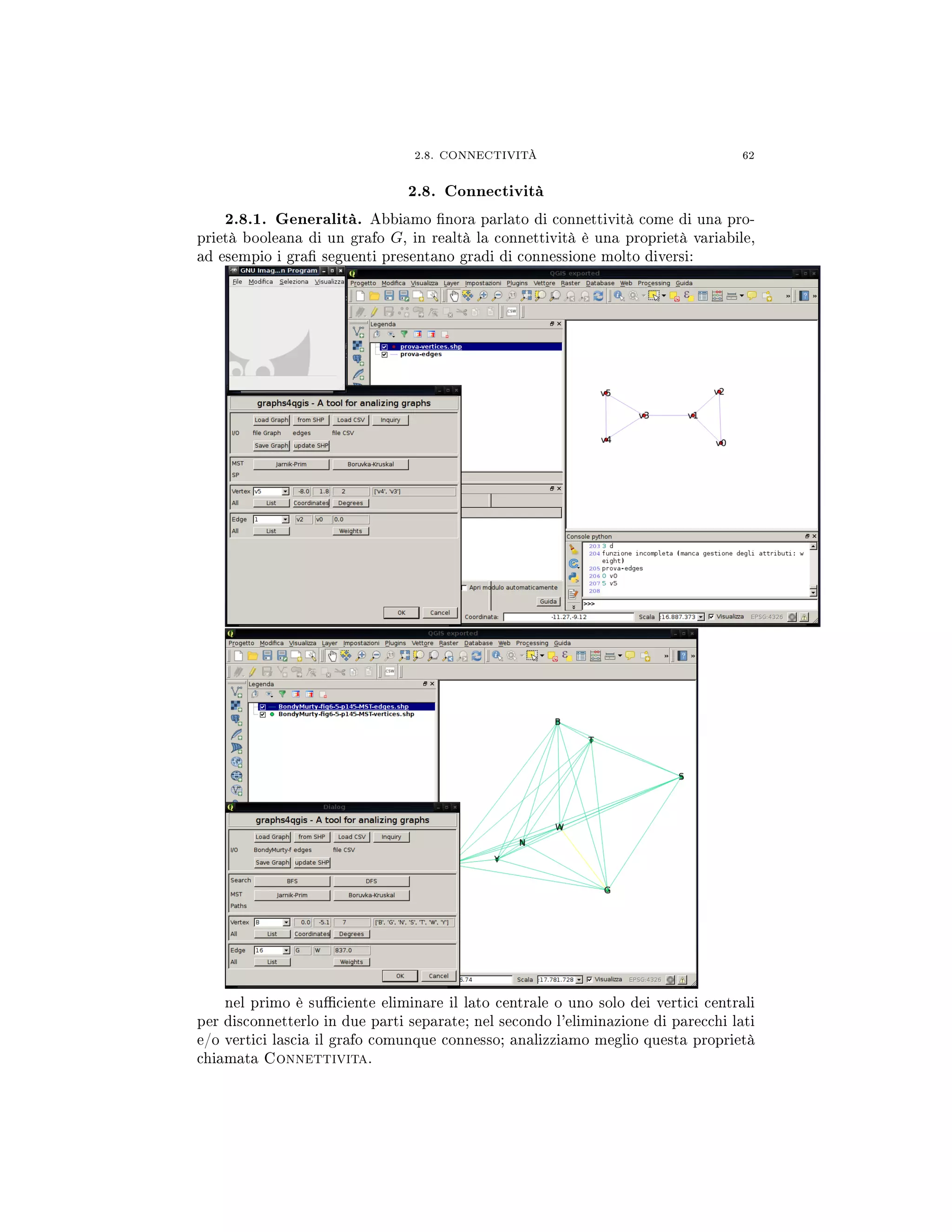 2.8. CONNECTIVITÀ 62
2.8. Connectività
2.8.1. Generalità. Abbiamo nora parlato di connettività come di una pro-
prietà booleana di un grafo G, in realtà la connettività è una proprietà variabile,
ad esempio i gra seguenti presentano gradi di connessione molto diversi:
nel primo è suciente eliminare il lato centrale o uno solo dei vertici centrali
per disconnetterlo in due parti separate; nel secondo l'eliminazione di parecchi lati
e/o vertici lascia il grafo comunque connesso; analizziamo meglio questa proprietà
chiamata Connettivita.
 