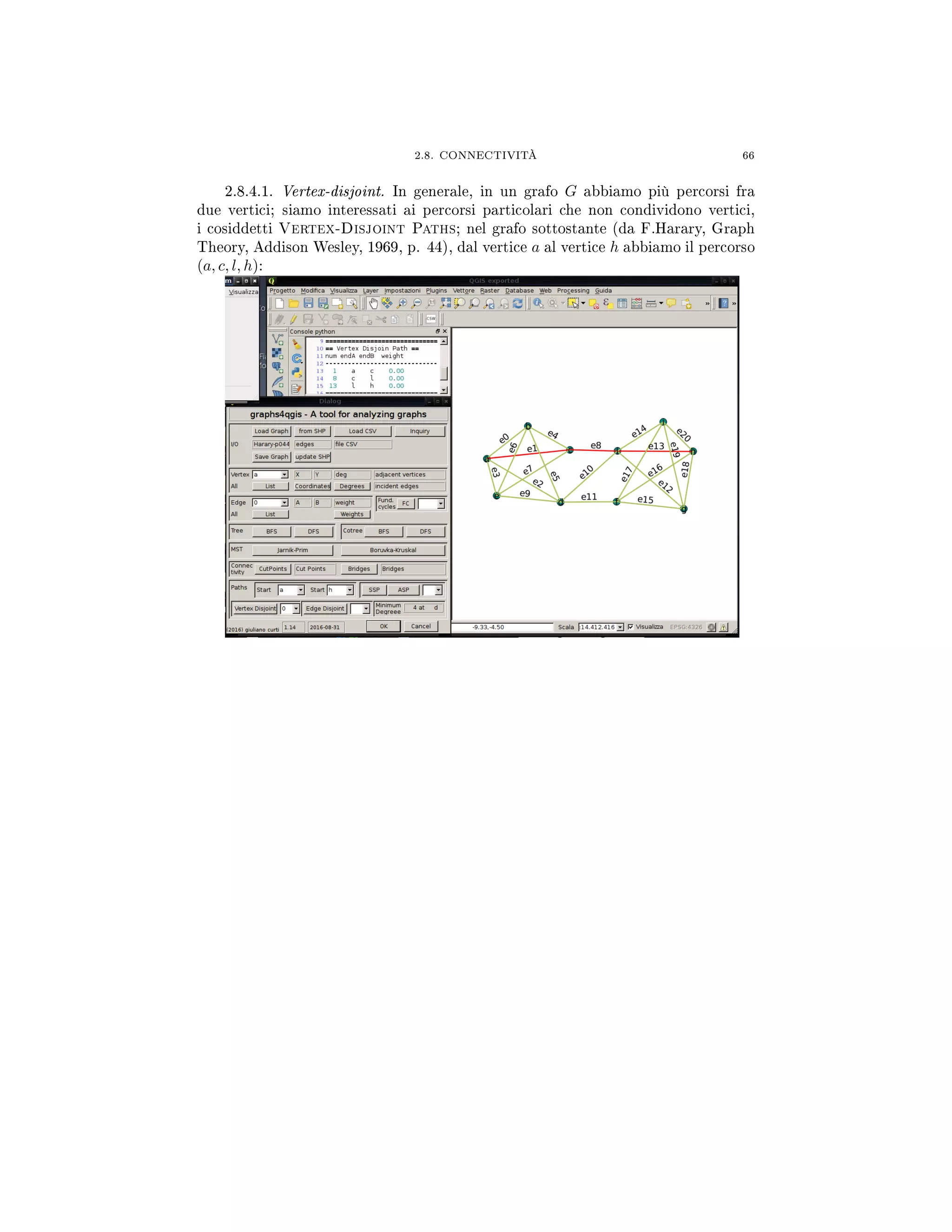 2.8. CONNECTIVITÀ 66
2.8.4.1. Vertex-disjoint. In generale, in un grafo G abbiamo più percorsi fra
due vertici; siamo interessati ai percorsi particolari che non condividono vertici,
i cosiddetti Vertex-Disjoint Paths; nel grafo sottostante (da F.Harary, Graph
Theory, Addison Wesley, 1969, p. 44), dal vertice a al vertice h abbiamo il percorso
(a, c, l, h):
 
