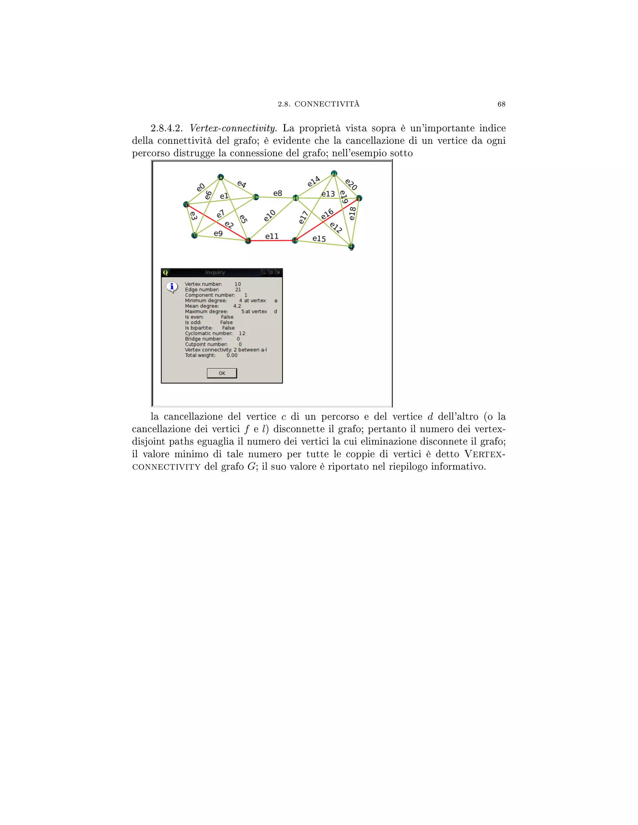 2.8. CONNECTIVITÀ 68
2.8.4.2. Vertex-connectivity. La proprietà vista sopra è un'importante indice
della connettività del grafo; è evidente che la cancellazione di un vertice da ogni
percorso distrugge la connessione del grafo; nell'esempio sotto
la cancellazione del vertice c di un percorso e del vertice d dell'altro (o la
cancellazione dei vertici f e l) disconnette il grafo; pertanto il numero dei vertex-
disjoint paths eguaglia il numero dei vertici la cui eliminazione disconnete il grafo;
il valore minimo di tale numero per tutte le coppie di vertici è detto Vertex-
connectivity del grafo G; il suo valore è riportato nel riepilogo informativo.
 