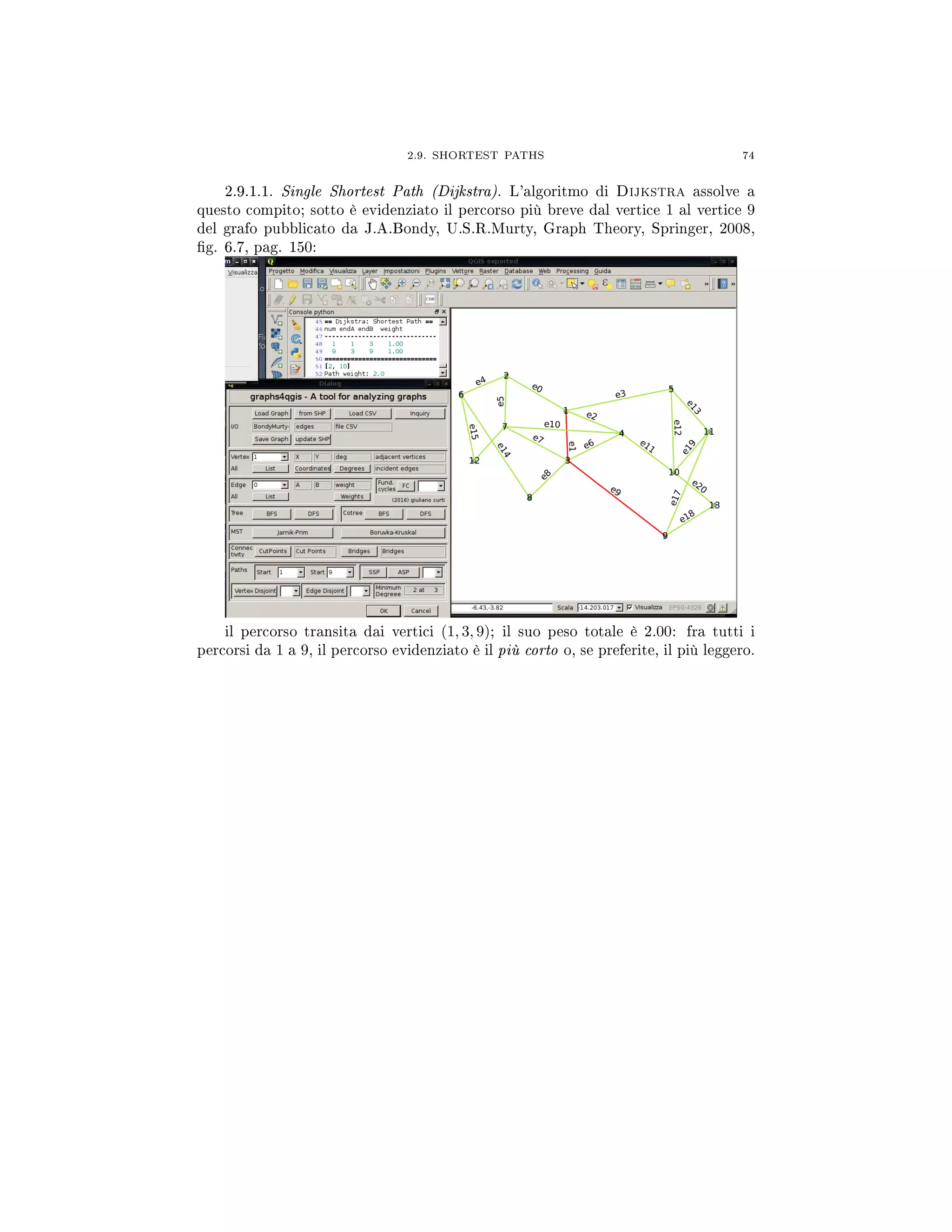 2.9. SHORTEST PATHS 74
2.9.1.1. Single Shortest Path (Dijkstra). L'algoritmo di Dijkstra assolve a
questo compito; sotto è evidenziato il percorso più breve dal vertice 1 al vertice 9
del grafo pubblicato da J.A.Bondy, U.S.R.Murty, Graph Theory, Springer, 2008,
g. 6.7, pag. 150:
il percorso transita dai vertici (1, 3, 9); il suo peso totale è 2.00: fra tutti i
percorsi da 1 a 9, il percorso evidenziato è il più corto o, se preferite, il più leggero.
 