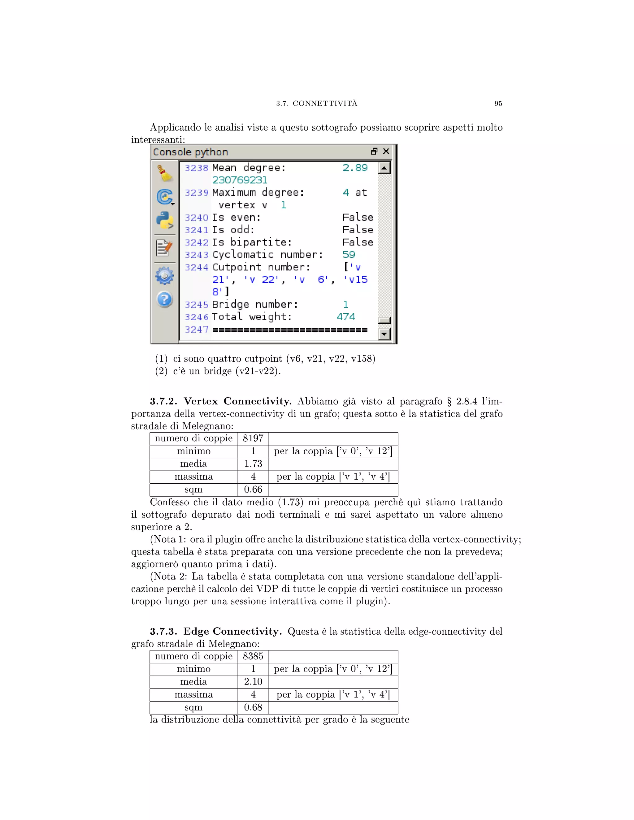 3.7. CONNETTIVITÀ 95
Applicando le analisi viste a questo sottografo possiamo scoprire aspetti molto
interessanti:
(1) ci sono quattro cutpoint (v6, v21, v22, v158)
(2) c'è un bridge (v21-v22).
3.7.2. Vertex Connectivity. Abbiamo già visto al paragrafo Ÿ 2.8.4 l'im-
portanza della vertex-connectivity di un grafo; questa sotto è la statistica del grafo
stradale di Melegnano:
numero di coppie 8197
minimo 1 per la coppia ['v 0', 'v 12']
media 1.73
massima 4 per la coppia ['v 1', 'v 4']
sqm 0.66
Confesso che il dato medio (1.73) mi preoccupa perchè quì stiamo trattando
il sottografo depurato dai nodi terminali e mi sarei aspettato un valore almeno
superiore a 2.
(Nota 1: ora il plugin ore anche la distribuzione statistica della vertex-connectivity;
questa tabella è stata preparata con una versione precedente che non la prevedeva;
aggiornerò quanto prima i dati).
(Nota 2: La tabella è stata completata con una versione standalone dell'appli-
cazione perchè il calcolo dei VDP di tutte le coppie di vertici costituisce un processo
troppo lungo per una sessione interattiva come il plugin).
3.7.3. Edge Connectivity. Questa è la statistica della edge-connectivity del
grafo stradale di Melegnano:
numero di coppie 8385
minimo 1 per la coppia ['v 0', 'v 12']
media 2.10
massima 4 per la coppia ['v 1', 'v 4']
sqm 0.68
la distribuzione della connettività per grado è la seguente
 