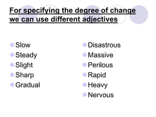 For specifying the degree of change
we can use different adjectives
Slow
Steady
Slight
Sharp
Gradual
Disastrous
Massive
Perilous
Rapid
Heavy
Nervous
 