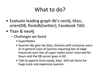 What to do?
• Evaluate leading graph db’s neo4j, titan,
orientDB, flockdb(twitter), Facebook TAO.
• Titan & neo4j
– Challenges we faced
• SuperNodes
• Queries like give me Sites, Devices with exclusive users
or in general class of queries requiring lots of edge
traversals over lots of super nodes never returned for
hours and the DB server goes in GC.
• Talk to experts from neo4j, titan. Still not there for
huge scale and expensive queries.
 