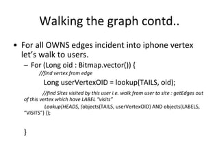 Walking the graph contd..
• For all OWNS edges incident into iphone vertex
let’s walk to users.
– For (Long oid : Bitmap.vector()) {
//find vertex from edge
Long userVertexOID = lookup(TAILS, oid);
//find Sites visited by this user i.e. walk from user to site : getEdges out
of this vertex which have LABEL “visits”
Lookup(HEADS, (objects(TAILS, userVertexOID) AND objects(LABELS,
“VISITS”) ));
}
 