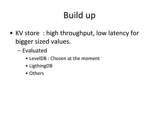 Build up
• KV store : high throughput, low latency for
bigger sized values.
– Evaluated
• LevelDB : Chosen at the moment
• LigthingDB
• Others
 