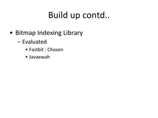 Build up contd..
• Bitmap Indexing Library
– Evaluated
• Fastbit : Chosen
• Javaewah
 