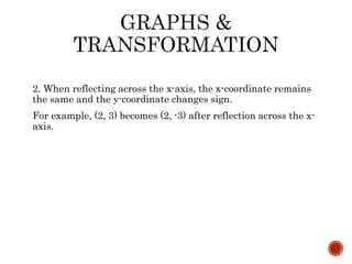 2. When reflecting across the x-axis, the x-coordinate remains
the same and the y-coordinate changes sign.
For example, (2, 3) becomes (2, -3) after reflection across the x-
axis.
 
