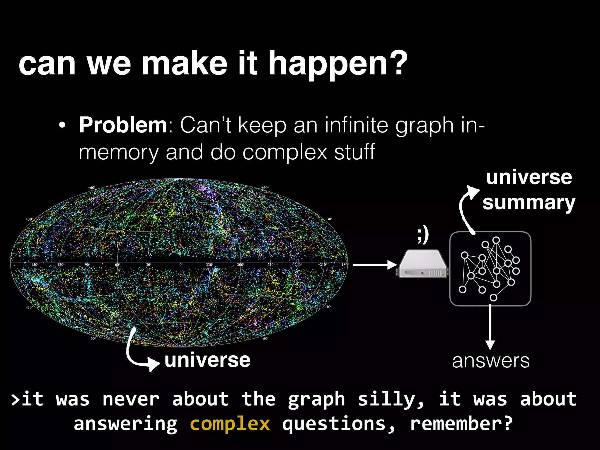 can we make it happen? • Problem: Can’t keep an inﬁnite graph in- memory and do complex stuff universe ;) universe summary >it was never about the graph silly, it was about answering complex questions, remember? answers 