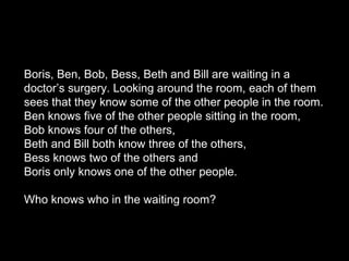 Boris, Ben, Bob, Bess, Beth and Bill are waiting in a
doctor’s surgery. Looking around the room, each of them
sees that they know some of the other people in the room.
Ben knows five of the other people sitting in the room,
Bob knows four of the others,
Beth and Bill both know three of the others,
Bess knows two of the others and
Boris only knows one of the other people.

Who knows who in the waiting room?
 