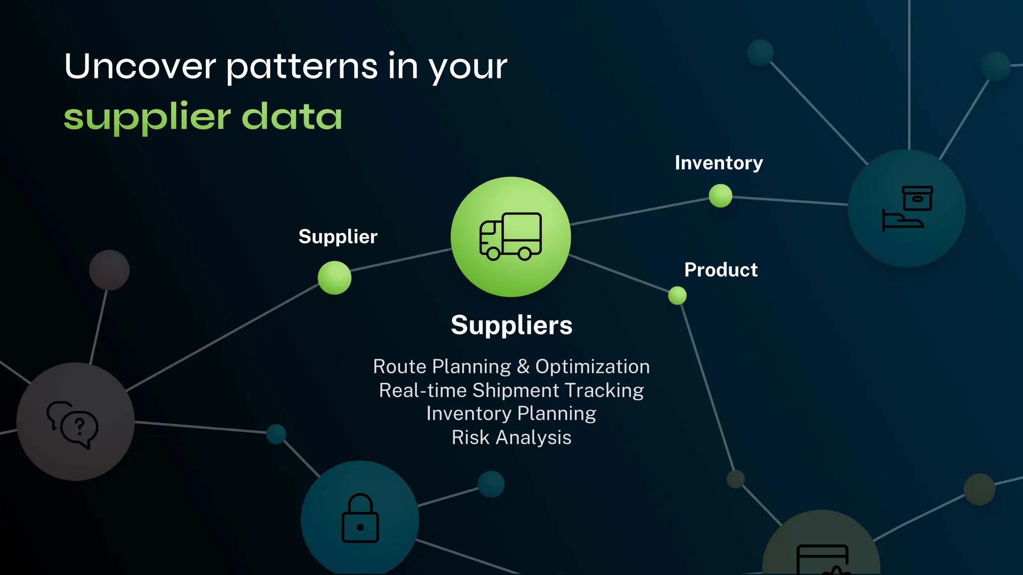 Supplier
Inventory
Product
Suppliers
Route Planning & Optimization
Real-time Shipment Tracking
Inventory Planning
Risk Analysis
Uncover patterns in your
 