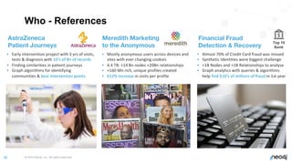 © 2022 Neo4j, Inc. All rights reserved.
20
Who - References
• Mostly anonymous users across devices and
sites with ever changing cookies
• 4.4 TB: +14 Bn nodes +20Bn relationships
• +160 Mn rich, unique profiles created
• 612% Increase in visits per profile
• Almost 70% of Credit Card fraud was missed
• Synthetic Identities were biggest challenge
• +1B Nodes and +1B Relationships to analyse
• Graph analytics with queries & algorithms
help find $10’s of millions of fraud in 1st year
Meredith Marketing
to the Anonymous
Financial Fraud
Detection & Recovery
Top 10
Bank
• Early intervention project with 3 yrs of visits,
tests & diagnosis with 10’s of Bn of records
• Finding similarities in patient journeys
• Graph algorithms for identifying
communities & best intervention points
AstraZeneca
Patient Journeys
 