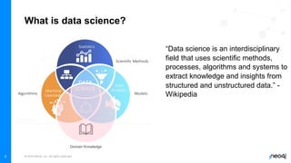 © 2022 Neo4j, Inc. All rights reserved.
5
What is data science?
“Data science is an interdisciplinary
field that uses scientific methods,
processes, algorithms and systems to
extract knowledge and insights from
structured and unstructured data.” -
Wikipedia
Domain Knowledge
 