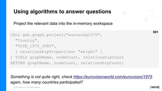 © 2022 Neo4j, Inc. All rights reserved.
Using algorithms to answer questions
Project the relevant data into the in-memory workspace
CALL gds.graph.project("eurosong1975",
"Country",
"VOTE_1975_JURY",
{ relationshipProperties: "weight" }
) YIELD graphName, nodeCount, relationshipCount
RETURN graphName, nodeCount, relationshipCount;
001
Something is not quite right, check https://eurovisionworld.com/eurovision/1975
again, how many countries participated?
 