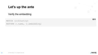 © 2022 Neo4j, Inc. All rights reserved.
82
Let's up the ante
Verify the embedding
MATCH (c:Country)
RETURN c.name, c.embedding;
011
 
