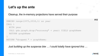 © 2022 Neo4j, Inc. All rights reserved.
Let's up the ante
Cleanup, the in-memory projections have served their purpose
UNWIND range(1975,2018,1) as year
CALL {
WITH year
CALL gds.graph.drop("eurosong" + year) YIELD graphName
RETURN graphName
}
RETURN "dropped " + graphName;
012
Just building up the suspense btw … I could totally have ignored this …
 